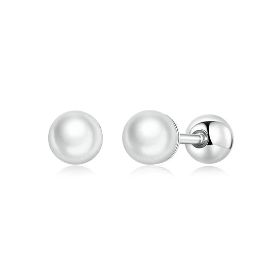 Sterling Silver Charm Pearl Beads Screw Stud Earrings