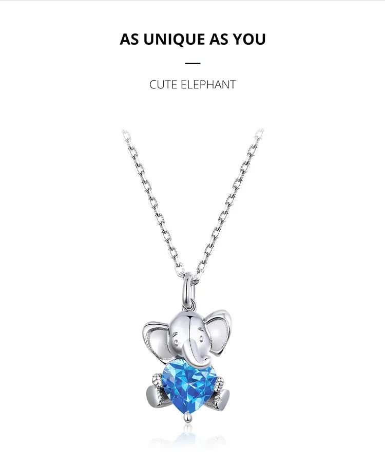 Ocean Blue Heart CZ Elephant Pendant Necklace