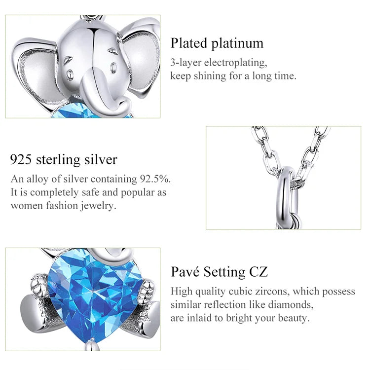 Ocean Blue Heart CZ Elephant Pendant Necklace