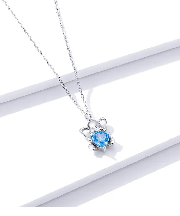 Ocean Blue Heart CZ Elephant Pendant Necklace