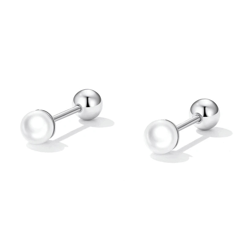 Sterling Silver Charm Pearl Beads Screw Stud Earrings